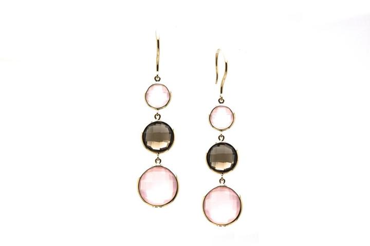Tresor Collection - Rose Quartz & Smoky Quartz Triple Dangle Earrings In 18k Yellow Gold