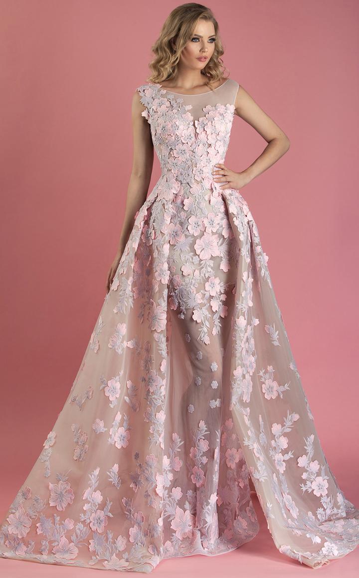 Mnm Couture - K3558 Sheer Bateau Floral Applique Textured A-line Gown