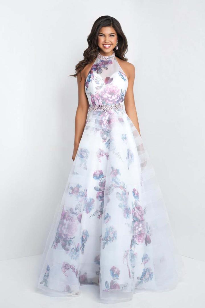 Blush - 5655 Floral Printed Halter Organza Gown With Tulle Overlay