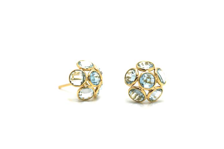 Tresor Collection - Sky Blue Topaz And London Blue Topaz Small Flower Stud Earrings In 18k Yellow Gold