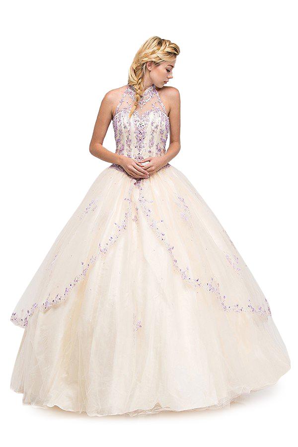 Eureka Fashion - Bejeweled Lace Illusion Halter Ballgown