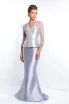 Blush - S2001 Quarter Sleeve Crystal Ornate Peplum Sheath Gown