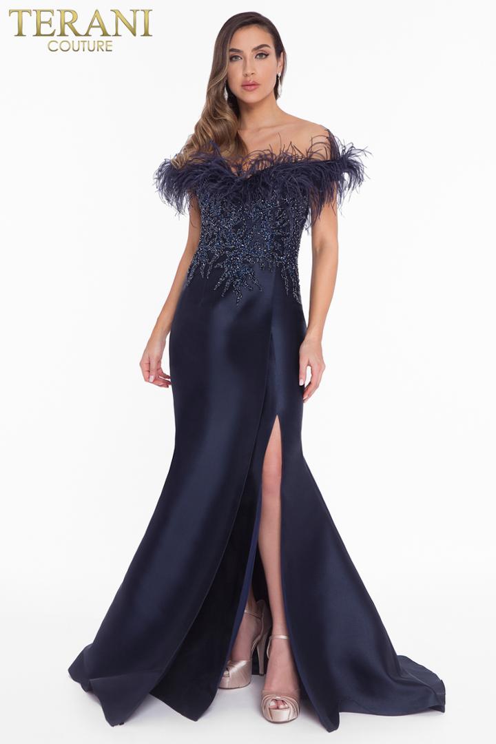 Terani Couture - 1821e7142 Feather Accent Off Shoulder Mermaid Dress