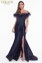 Terani Couture - 1821e7142 Feather Accent Off Shoulder Mermaid Dress