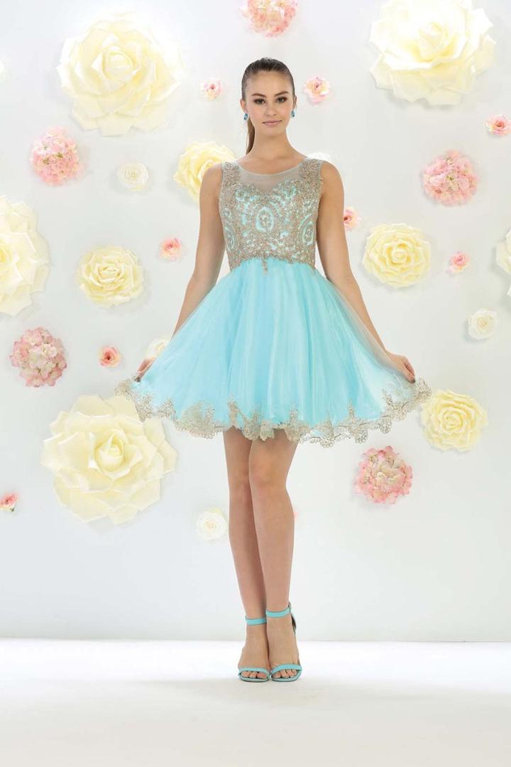 May Queen - Mq-1434 Illusion Sleeveless Lace Dress