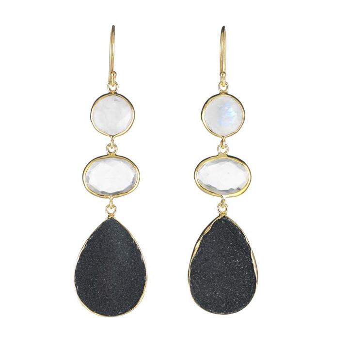 Margaret Elizabeth - 3 Stone Drops Moonstone, Clear Quartz & Black Druzy