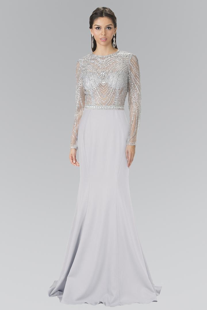 Elizabeth K - Beaded Sheer Long Sleeve Sheath Evening Gown Gl2339