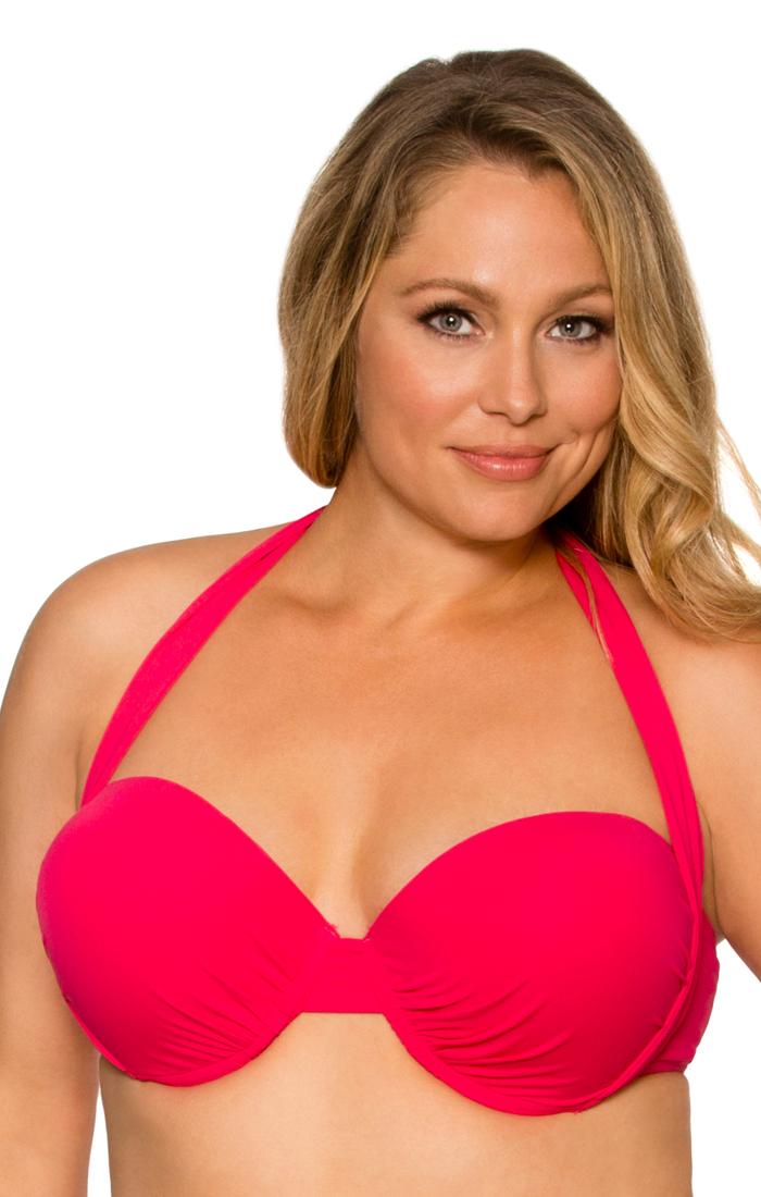 Curve Swimwear Pink Rosette 360d/dd Convertible Retro Halter/bandeau Top