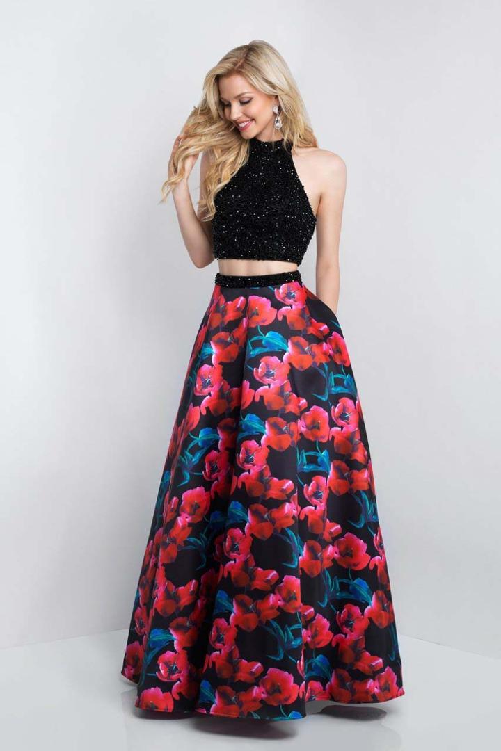 Blush - 5668 Beaded Halter Floral Printed Mikado A-line Gown