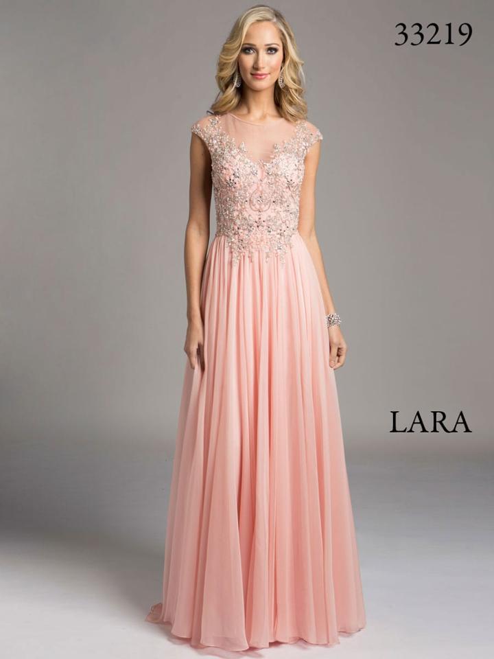 Lara Dresses - Intricately Embellished Illusion A-line Evening Gown With Cap Sleeves And Pearl Buttons 33219