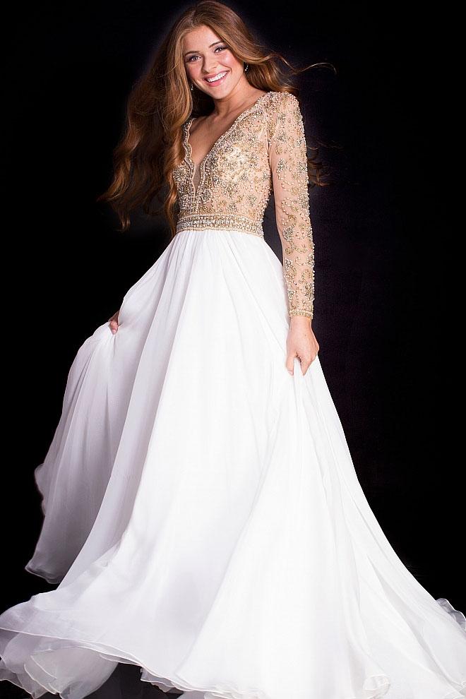 Jovani - 55207 Nude Lined Long Sleeve Chiffon A-line Dress