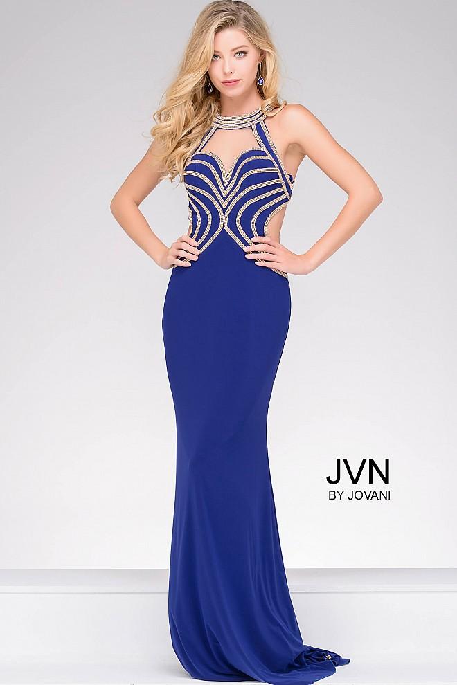 Jovani - Halter Neck Embellished Bodice And Open Back Jersey Prom Dress Jvn47009