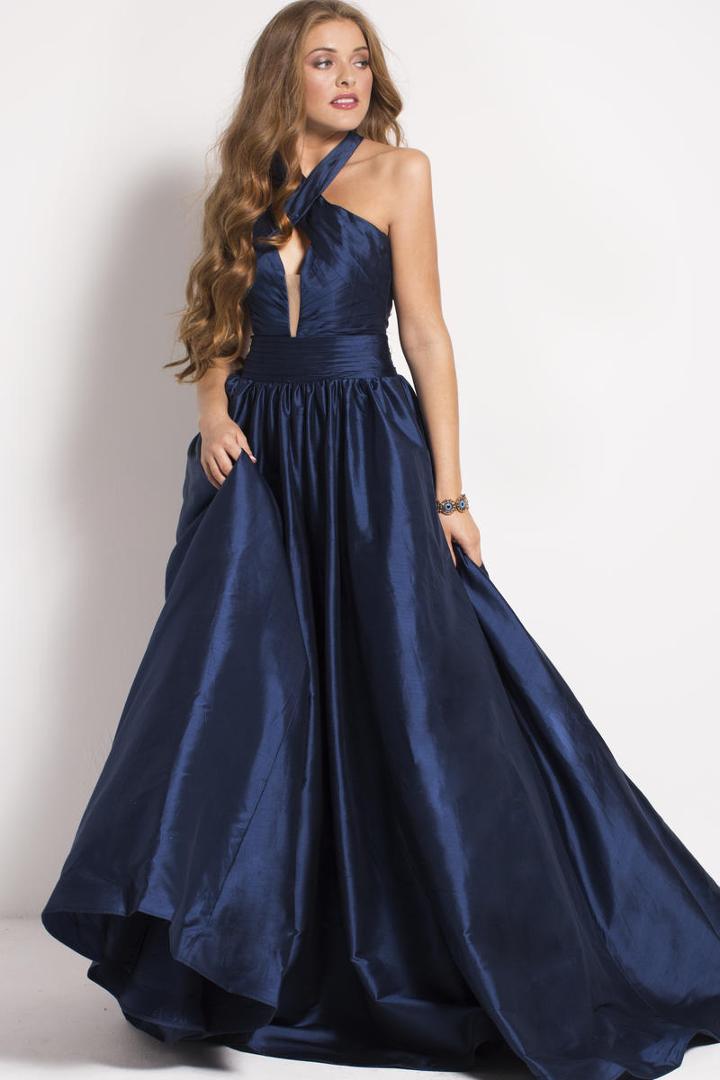 Jovani - 51500 Plunging Cutout Taffeta Halter Gown