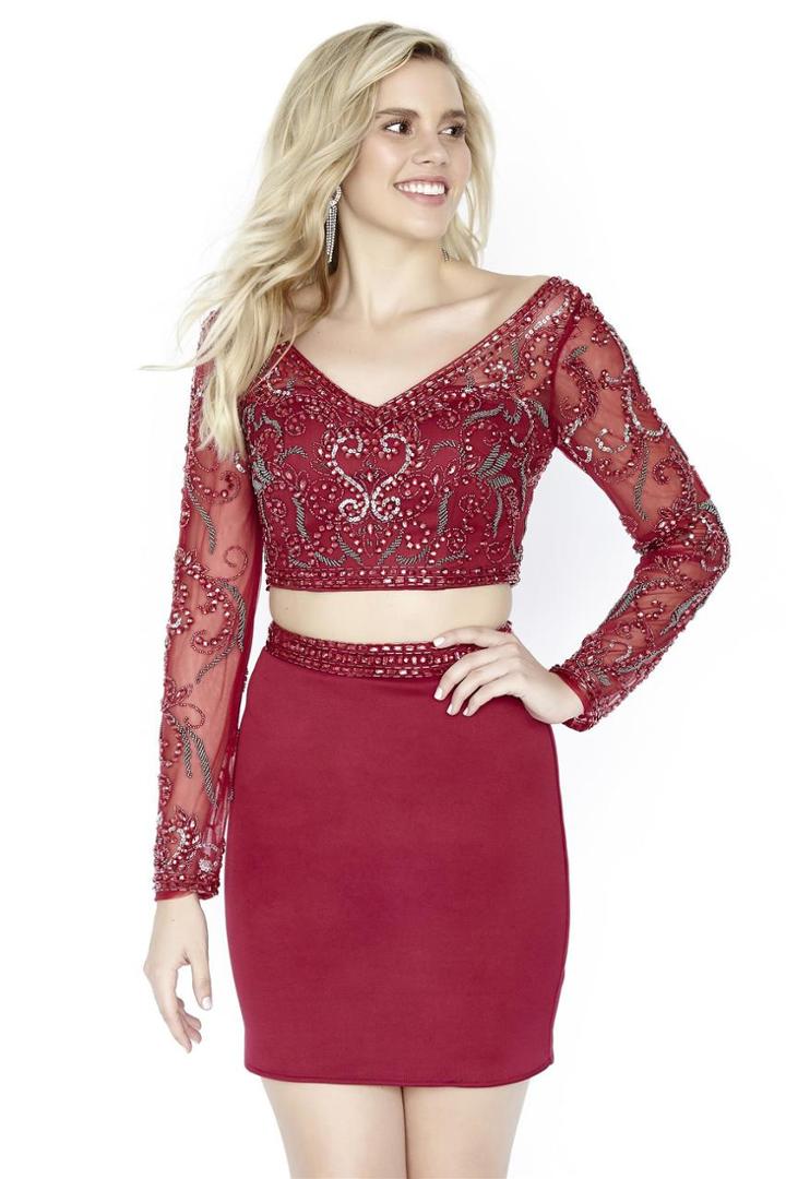 Jolene Collection - 17591 Sheer Embellished Long Sleeve Short Dress