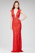 Jovani - Elegant Lace Plunging V-neck Sheath Gown With Cap Sleeves 26337