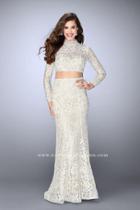 La Femme - Long Sleeve Turtleneck Crop Top Lace Overlay Long Prom Dress 24013