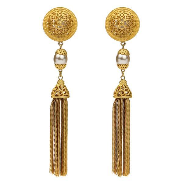 Ben-amun - Gold & Pearl Medallion Clip On Earrings With Gold Tassel