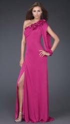 La Femme - Elegant Satiny Rosettes Asymmetric Jersey Sheath Dress 16565