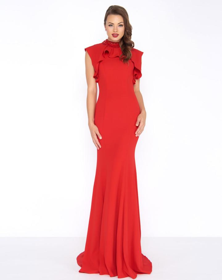 Mac Duggal - 2014r Bejeweled High Neck Ruffled Sheath Gown