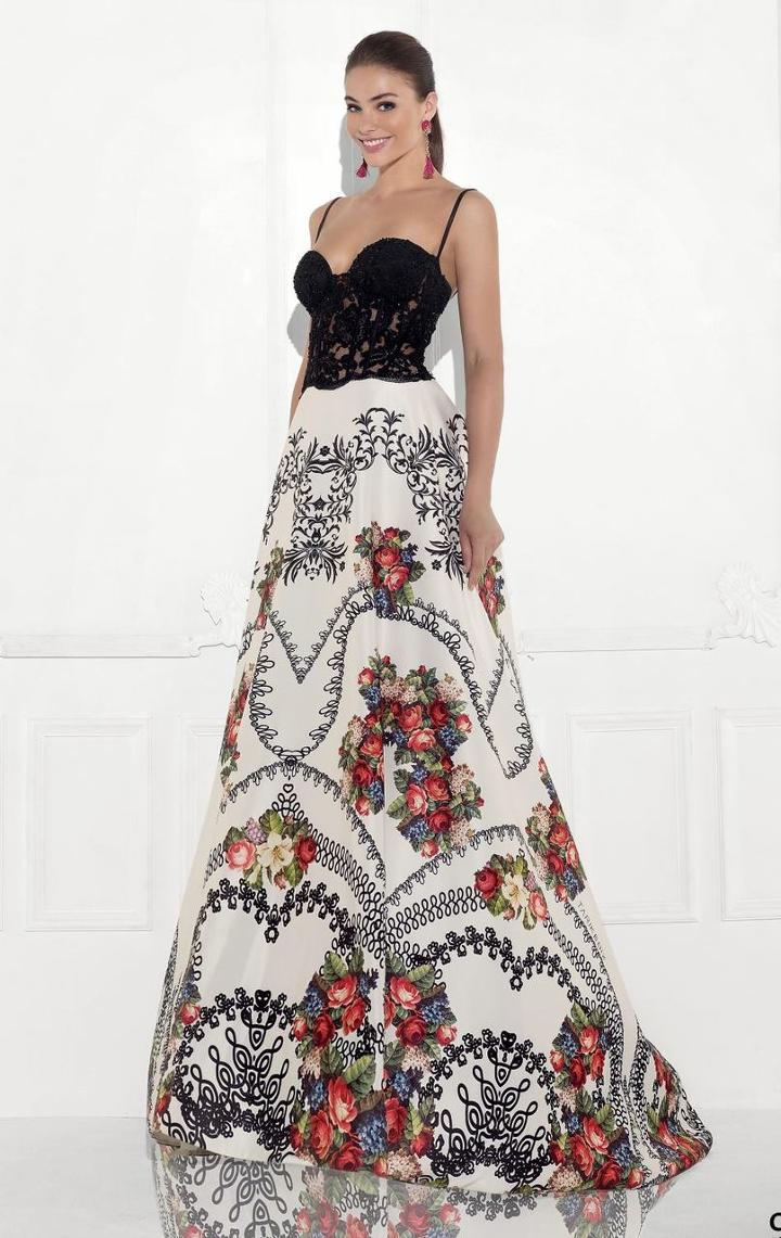 Tarik Ediz - Lace Floral Printed Satin Gown 92769