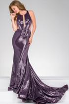 Jovani - Sequined Jewel Neckline Mesh V-insert Mermaid Dress 45399
