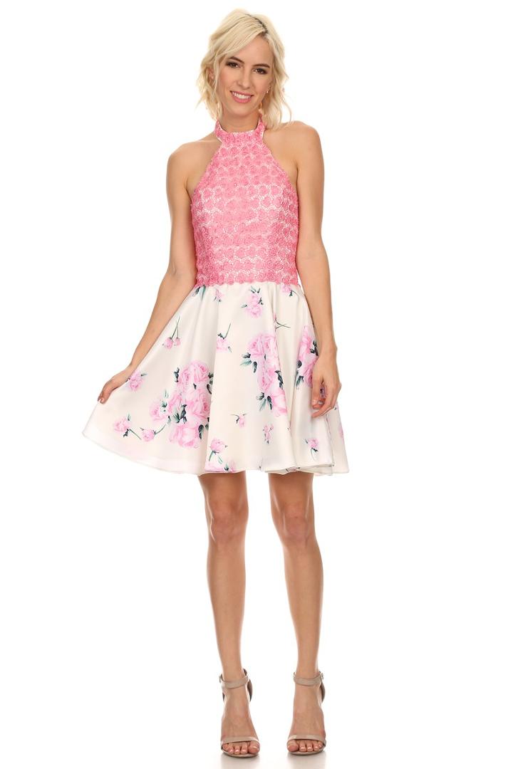 Nox Anabel - Embroidered High Halter Cocktail Dress With Floral Print A-line Skirt 6226