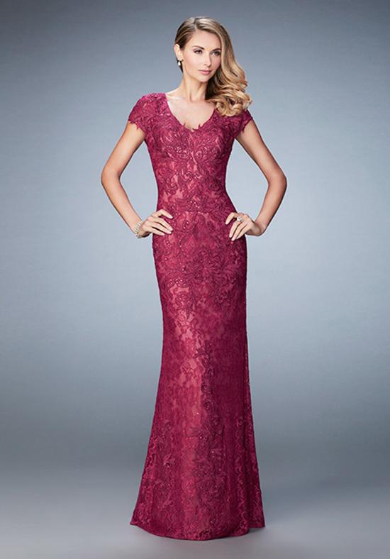 La Femme - 23071 Embroidered V Neck Lace Sheath Long Dress