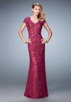 La Femme - 23071 Embroidered V Neck Lace Sheath Long Dress