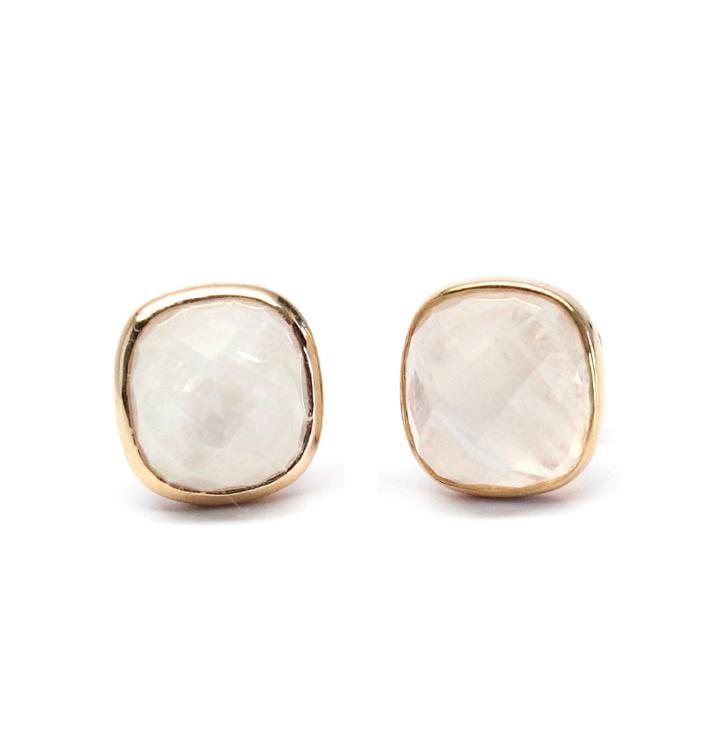 Rachael Ryen - Moonstone Cushion Cut Gold Framed Stud Earrings