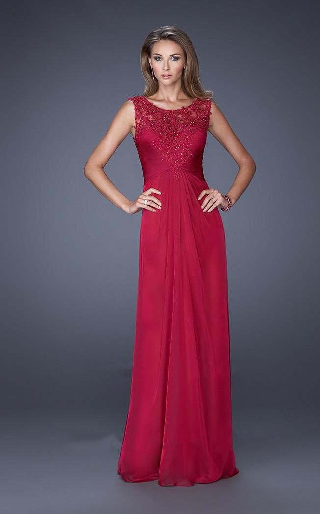 La Femme - 19203 Lace Appliqued Illusion Chiffon Gown