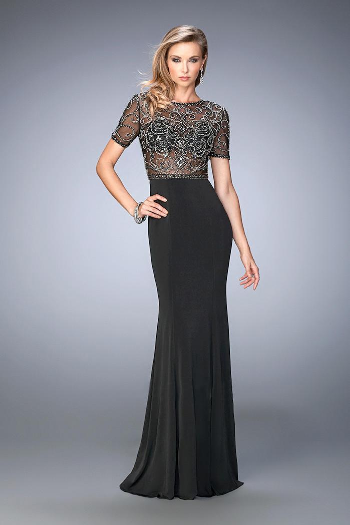 Gigi - 22647 Short Sleeves Embroidered Cutout Jersey Gown