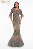 Terani Couture - 1821gl7412 Feather Ornate Illusion Scoop Beaded Gown