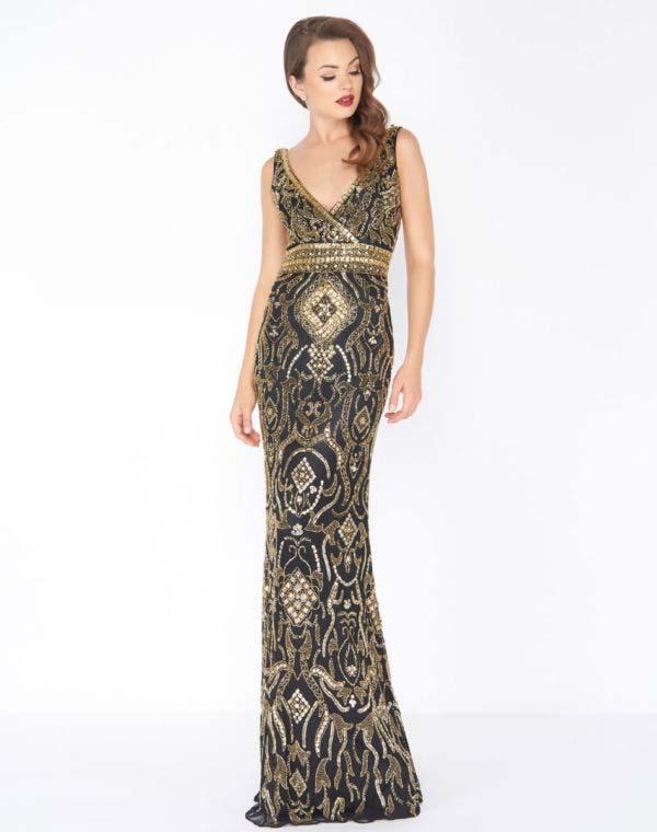 Mac Duggal - 4595r Gold Embellished V-neck Sheath Dress