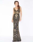 Mac Duggal - 4595r Gold Embellished V-neck Sheath Dress
