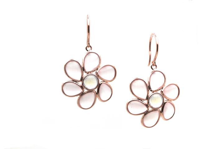 Tresor Collection - Rose Quartz And Rainbow Moonstone Flower Earrings In 18k Yellow Gold