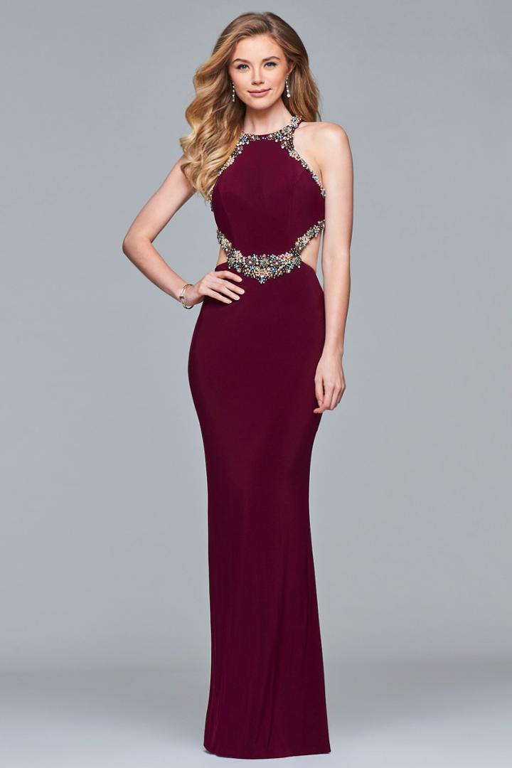 Faviana - S10026 Beaded Halter Trim Cutout Evening Dress