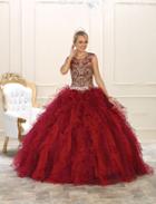 May Queen - Gilded Jewel Neck Ruffled Ballgown