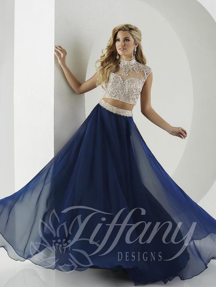 Tiffany Designs - Crystal Beaded Cropped Top And Iridescent Chiffon Long Gown Ensemble 16135