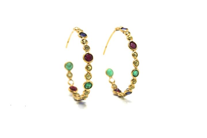 Tresor Collection - Organic Color Diamond, Ruby, Emerald & Sapphire Hoop Earrings In 18k Yellow Gold