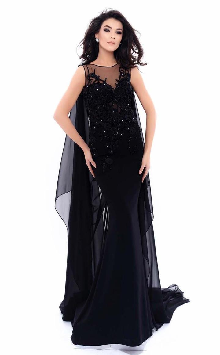 Tarik Ediz - 93305 Caped Foliage Ornate Corset Sheath Gown
