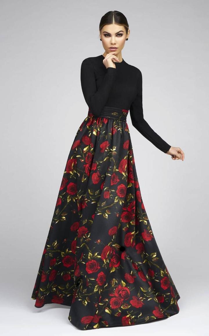 Ieena Duggal - 25266 Full Sleeve Gown In Black Rose
