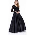 Nox Anabel - Lace V-neck Long Evening Gown With Long Sleeves And Satin Skirt 7161