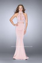 La Femme - Halter Style Crop Top With Deep Rectangular Keyhole Long Prom Dress 24622