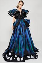 Mnm Couture - Ruched Plunging Printed Long Gown 2390
