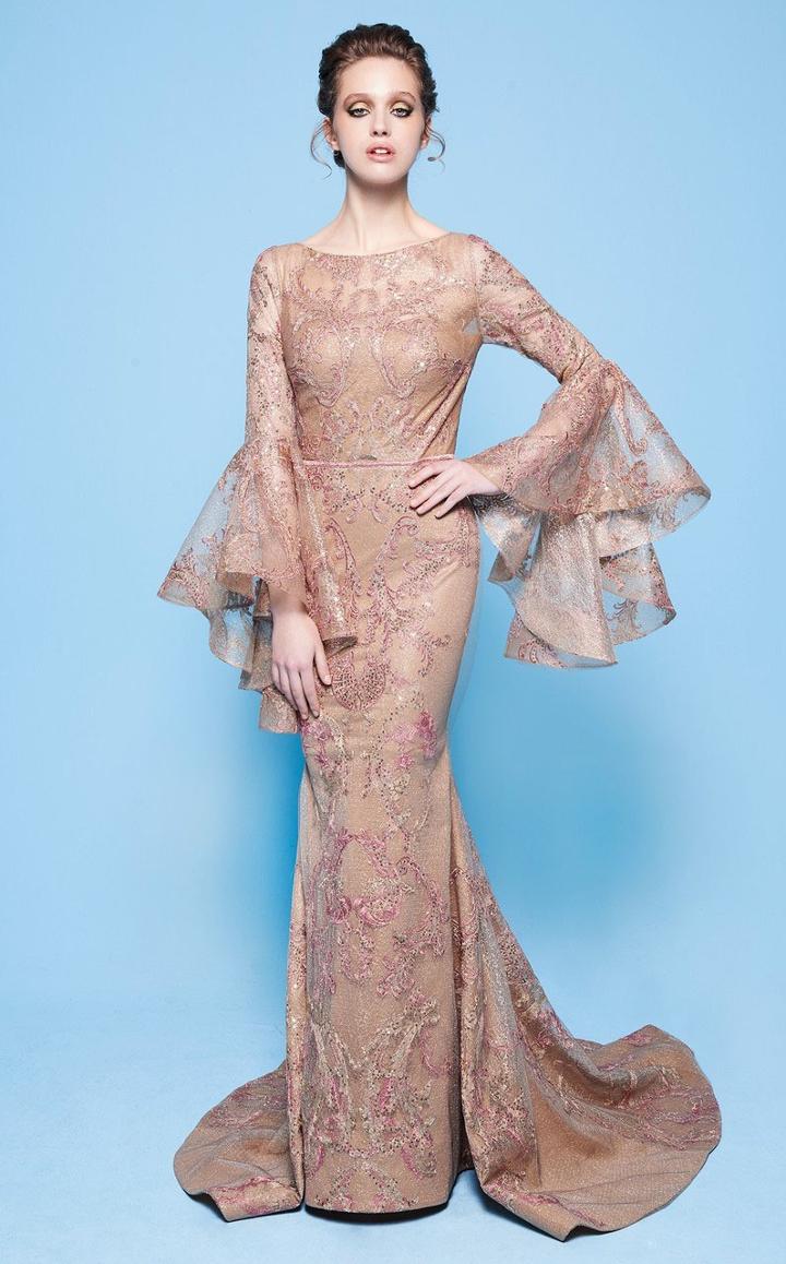 Mnm Couture - N0242 Lace Applique Bateau Trumpet Dress