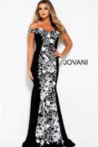 Jovani - 54883 Off-shoulder Floral Embroidered Sheath Gown
