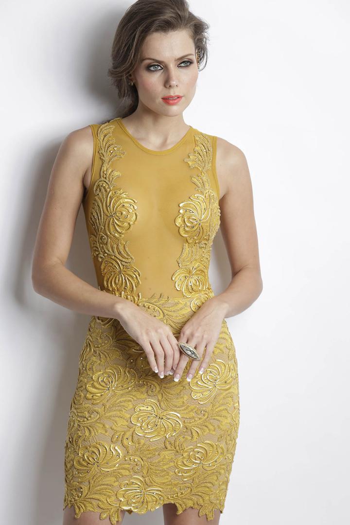 Baccio Couture - Damet Painted Caviar Mustard Short Dress