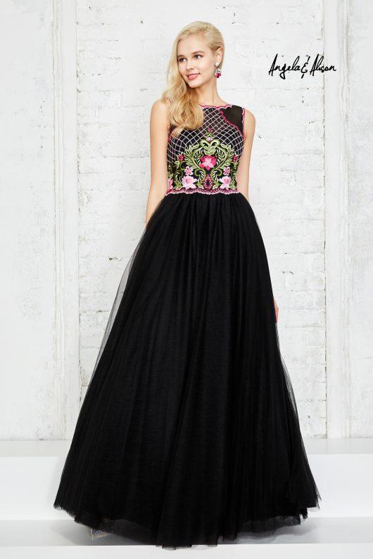 Angela And Alison - Sleeveless Bateau Floral Applique Long Gown 771011