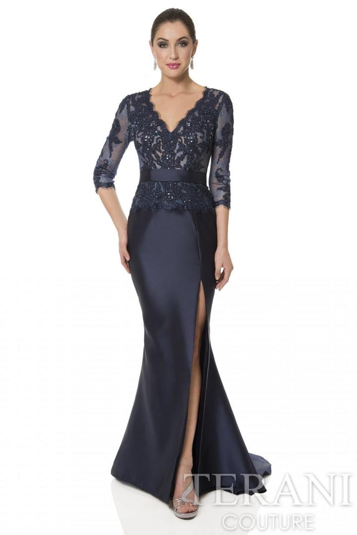 Terani Evening - Gorgeous 3/4 Sleeve Laced And Beaded V-neck Fit And Flare Gown 1613m0718a