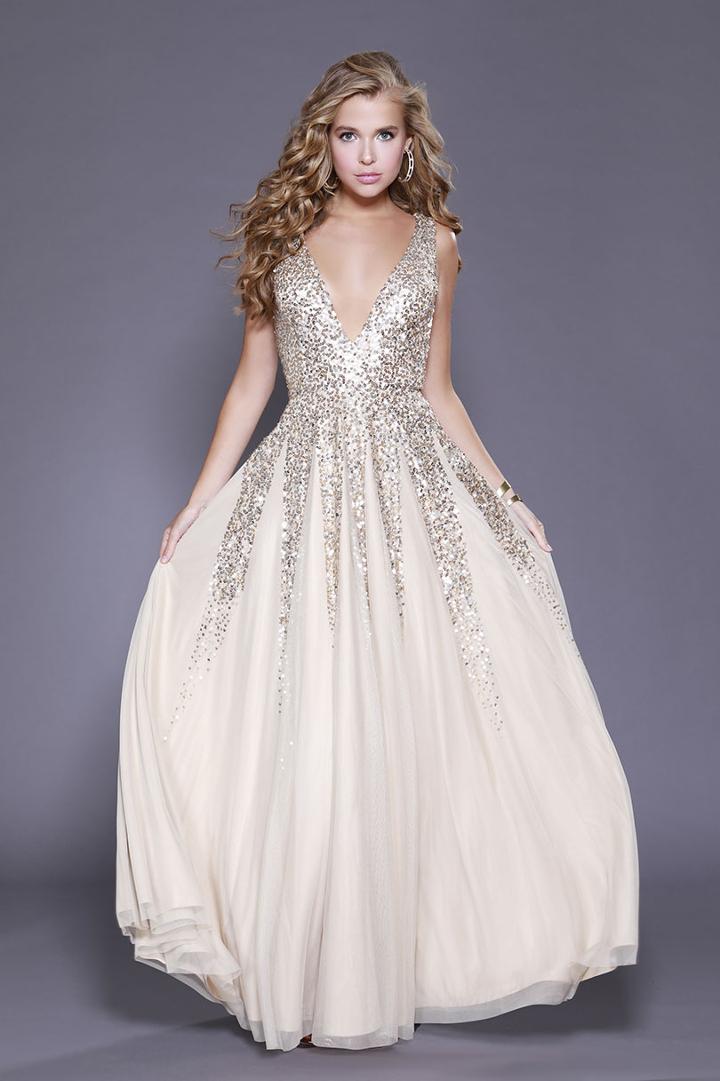 Shail K - 12134 Plunging V-neck Sequined Tulle Gown